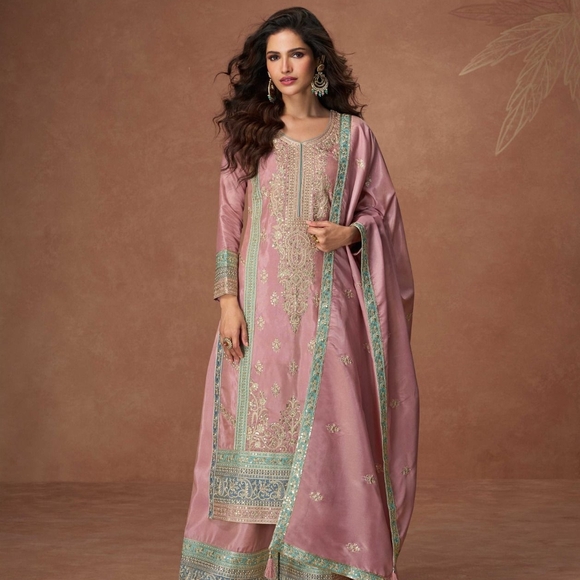 Dresses & Skirts - Elegant Pink Embroidered Suit